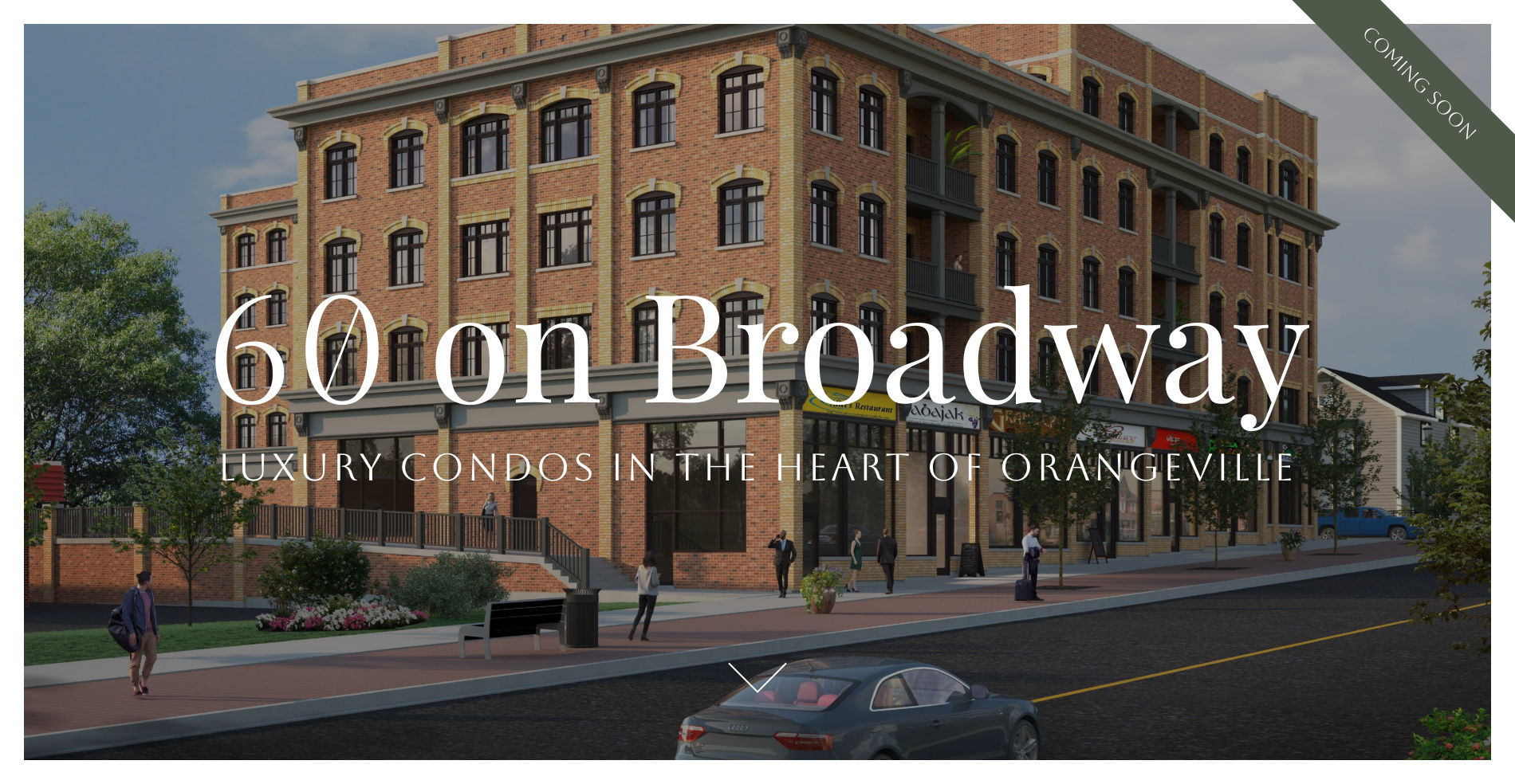 depicting a vfull-bleed website layout designed and developed for Orangeville Condominium Development 60 on Broadway. The website is hosted at 60onbroadway.com
